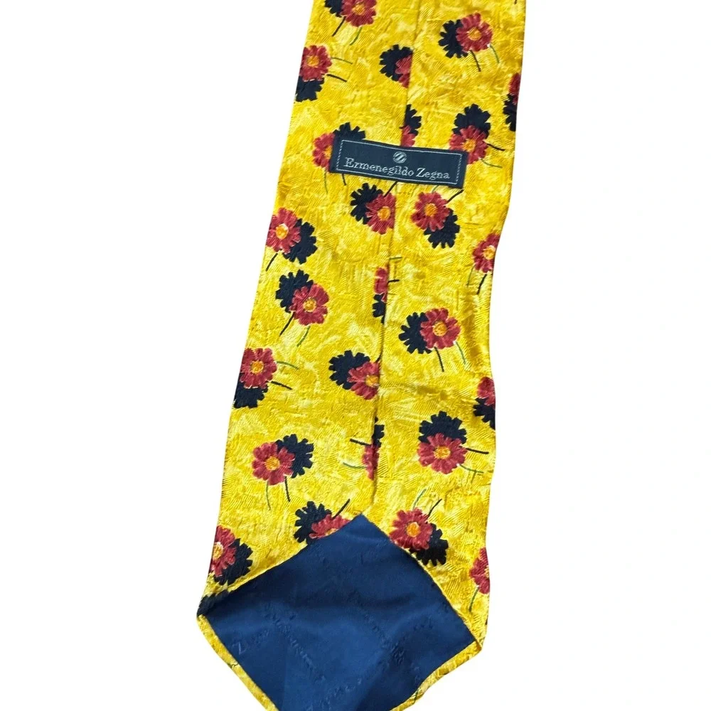 Ermenegildo Zegna Tie Mens OS Yellow Silk Floral Jacquard Made in Italy Luxury